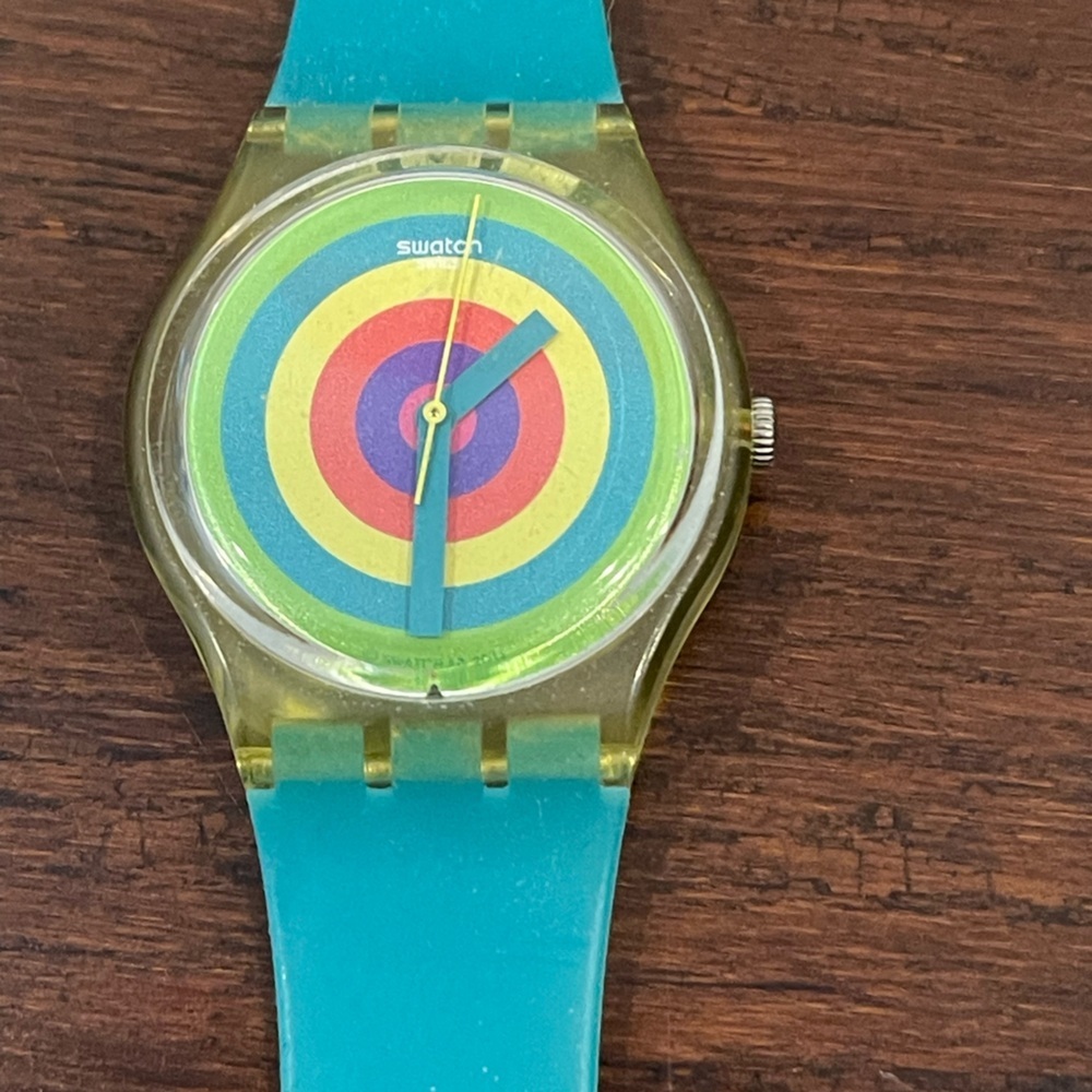 Swatch Colorful multicolored bull’s-eye Target Dial Watch with green Strap